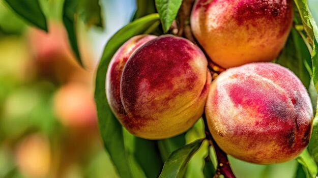 maduro duraznos colgando en un árbol rama en luz de sol foto
