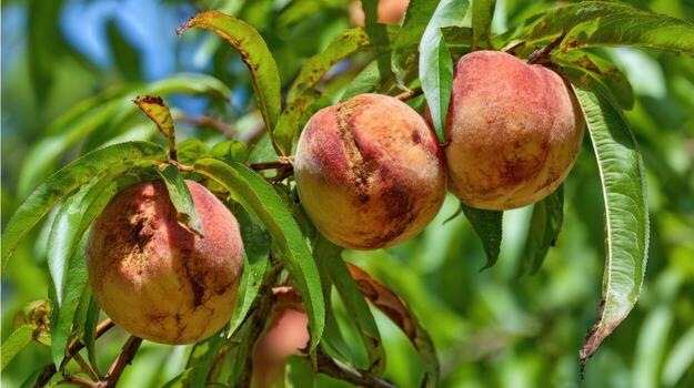 maduro duraznos colgando en árbol ramas en luz de sol foto