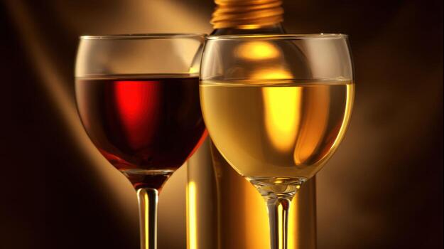 Wine glasses displaying red and white wine with bottle photo