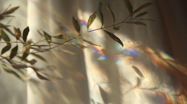 Branch with leaves against sunlight background photo