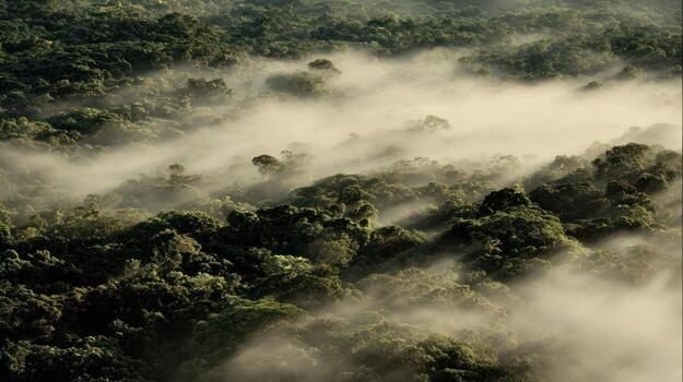 Aerial view of lush green forest covered in mist photo