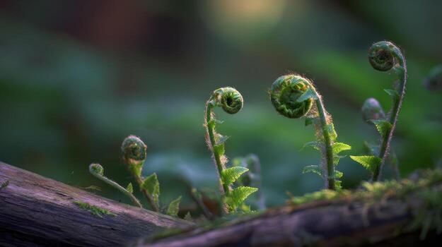 Unfurling ferns on a mossy log in the forest photo