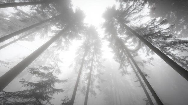 Tall trees reaching towards the cloudy sky photo