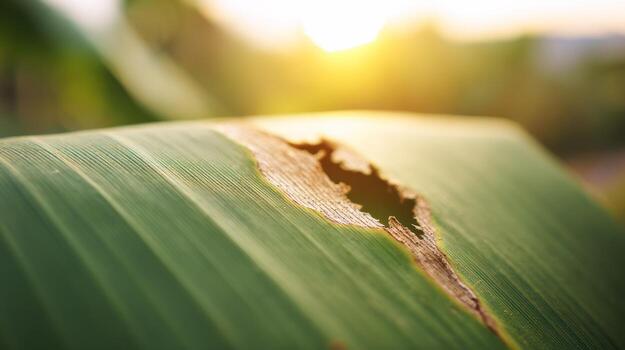 Close up shot of a banana leaf with sunlit background photo