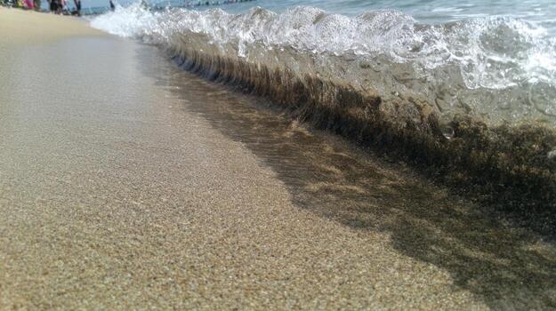 Waves crashing on sandy shoreline at daylight photo
