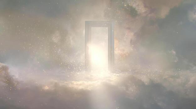 Open door in cloudy sky abstract conceptual image photo