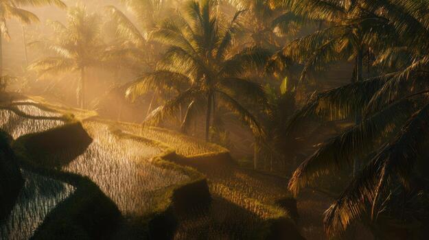 Sunlight filtering through tropical palm trees landscape photo