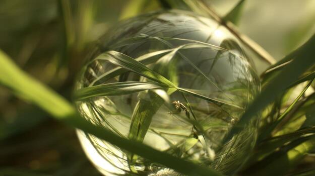 Transparent sphere surrounded by green grass and foliage photo