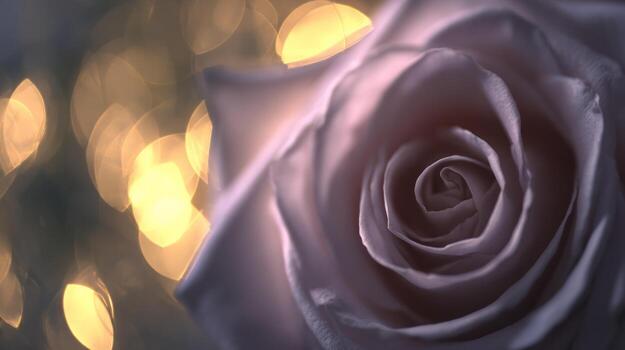 Close up shot of a pale rose with golden bokeh lights photo