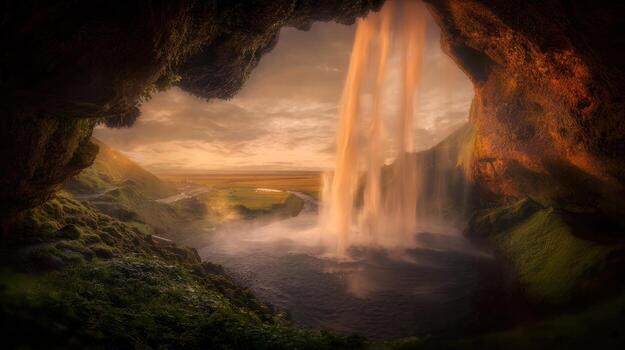 Waterfall cascading through cave illuminated by golden sunlight photo
