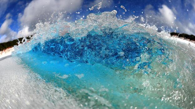 Ocean wave crashing with transparent water and sky photo