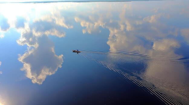 Boat sailing across reflective water surface with cloudy sky photo