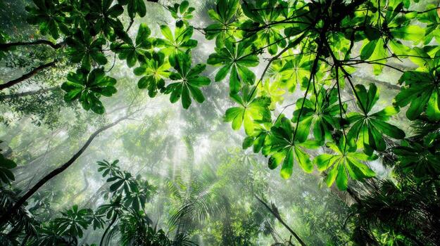 Green leaves canopy forest from low angle perspective photo