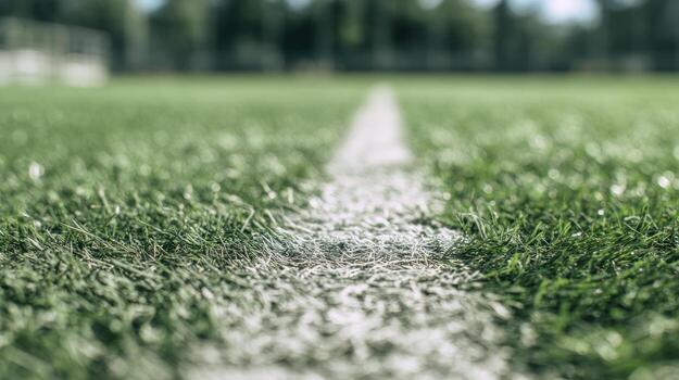 Close up view of green soccer field and white line photo