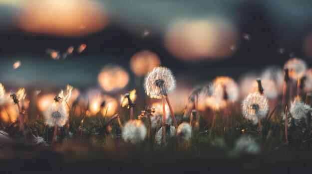 Dandelions in a field during golden hour photo