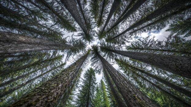 Looking up through tall tree trunks and green foliage photo