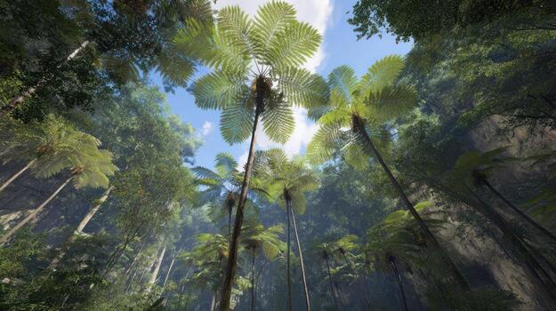 Looking up through palm trees towards blue sky photo