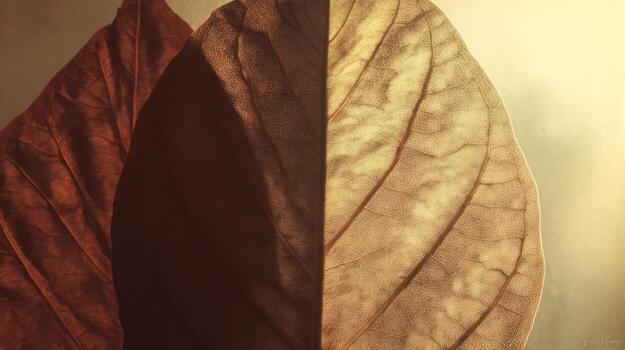 Close up shot of two dry leaves showing veins and texture photo