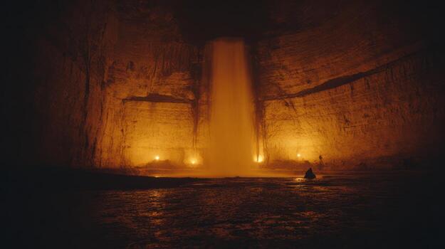 Waterfall illuminated in a cave with dim lighting photo