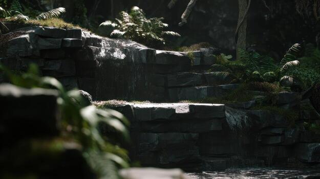 Waterfall cascading over rocks surrounded by greenery in nature photo