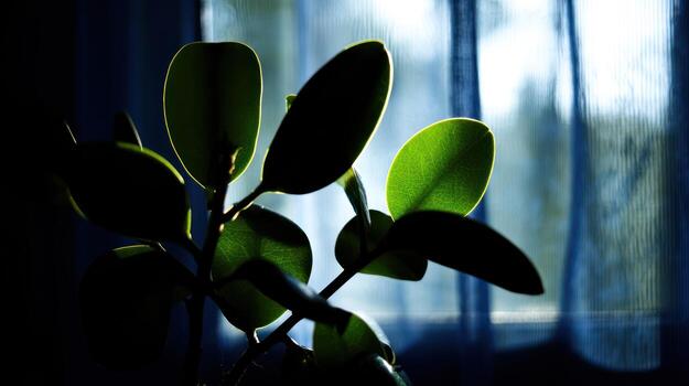 a plant in front of a window with curtains photo