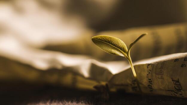 Close up shot of a leaf sprout growing from a rolled paper photo