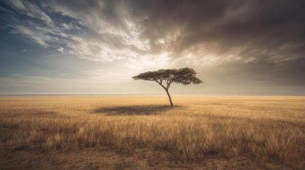 Dramatic lone tree standing in a field under cloudy sky photo