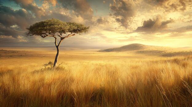 Lone tree in a golden field under a dramatic sky photo