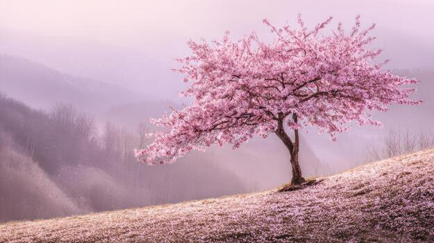 Pink flowering tree blooming on a hillside with a misty background photo