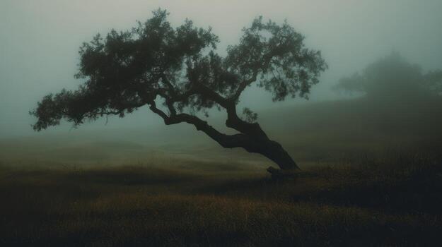 Lone tree silhouette in a misty atmospheric landscape photo