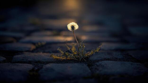 Dandelion growing through stone pathway with sunlight photo