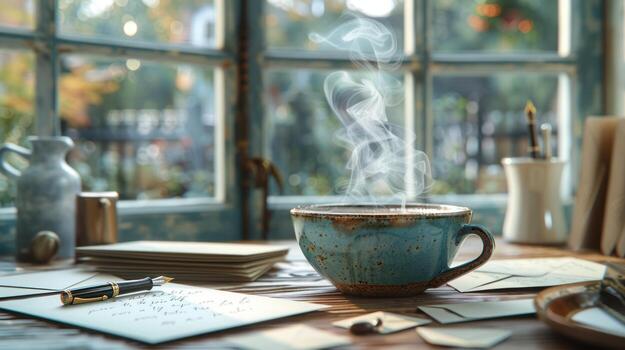 Cozy Writing Desk Steaming Coffee, Letters, Fountain Pen, Autumn Window View, caffeine photo