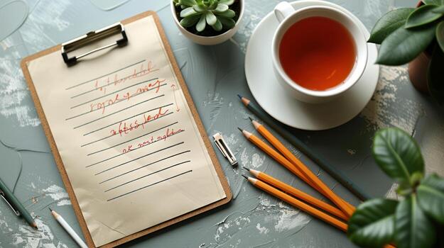 Desk Study Scene Tea, Notepad with Writing, Pencils, and Plants - Top View Snapshot, workspace photo