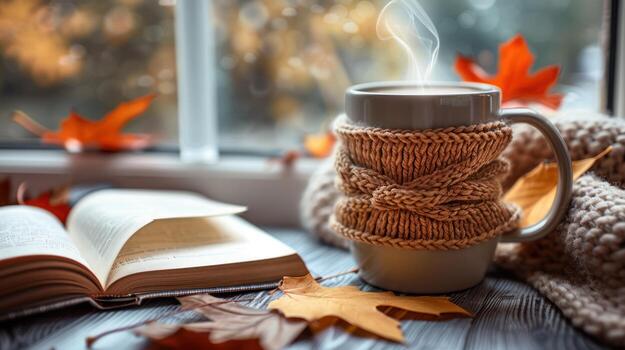 acogedor otoño escena humeante café taza, abierto libro, y otoño hojas por ventana, ligero foto