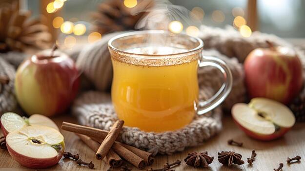 Cozy Hot Apple Cider with Cinnamon and Stars Anise, Autumn Beverage with Bokeh Lights, wooden table photo