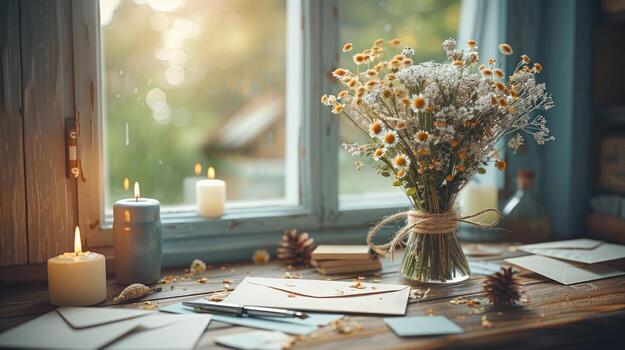Cozy Window Scene Candles, Flowers, and Letters on Rustic Wooden Table, composition photo