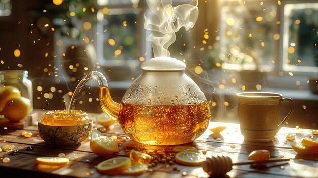 Steaming Hot Tea with Honey and Lemon, Bokeh Lights, citrus photo