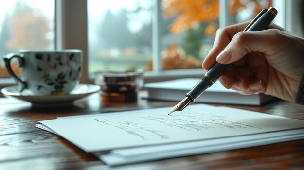 Woman Writing with Fountain Pen by Window with Coffee and Autumn View, reflection photo