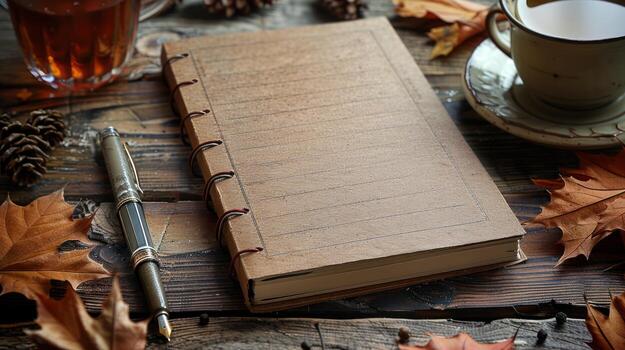 Autumn notebook flat lay with pen, tea, pine cones and leaves on wooden table, reflection photo