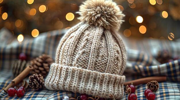 Cozy Knitted Winter Hat with Pine Cones and Berries, Bokeh Lights Background, blurred lights photo