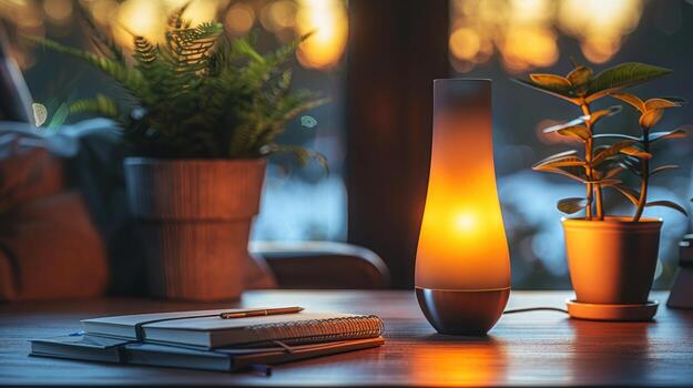Cozy Home Desk with Glowing Lamp, Plants and Notebook, writing photo