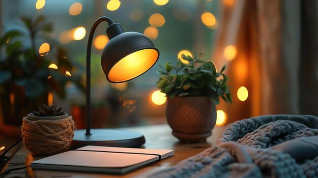 Cozy Desk Scene Illuminated Lamp, Potted Plants, Notebook, and Soft Blanket with Bokeh Lights, domestic scene photo