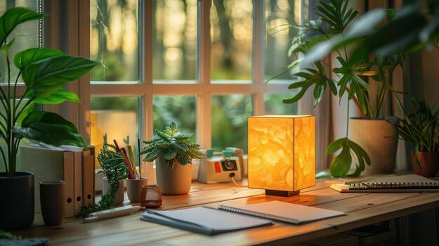 Cozy Home Office Desk with Plants, Lamp, and Window View Natural Light and Study, bokeh photo