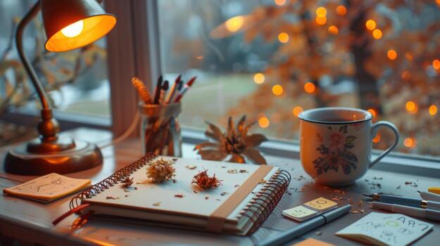 Cozy Autumn Desk Scene Lamp, Notebook, Coffee, and Fall Bokeh Lights, evening photo