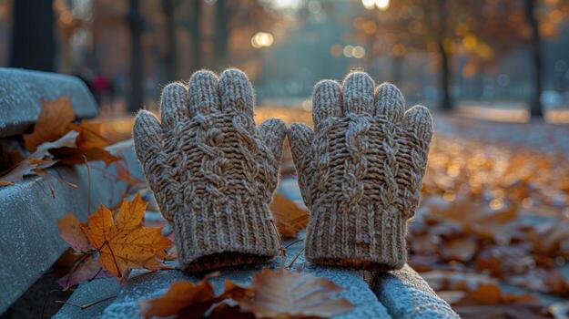 Cozy Knitted Gloves on Autumn Park Bench with Falling Leaves and Bokeh photo