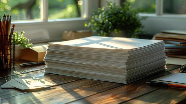 Stack of Paper on Desk with Pencils, Envelopes, and Sunny Window Background, productivity essentials photo