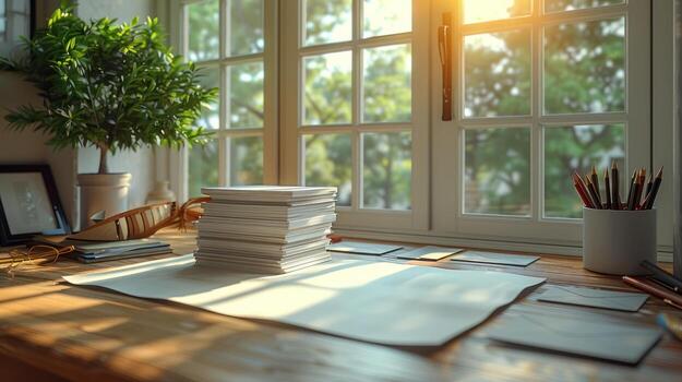 Desk by Window with Stack of Papers and Pencils, Morning Light, home photo