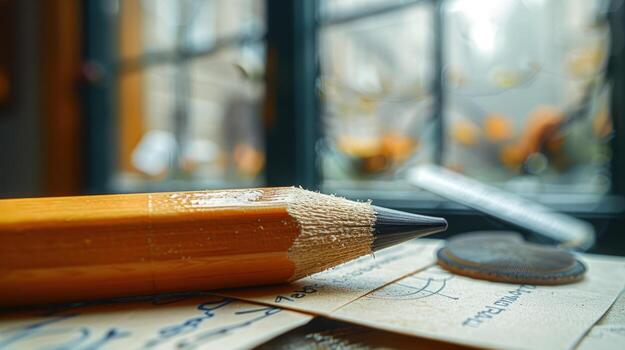 Close-up of sharpened pencil on vintage paper, bokeh background, writing tool photo