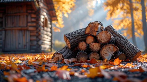 otoño leña apilar siguiente a Iniciar sesión cabina en otoño bosque, rústico acogedor escena, campo foto