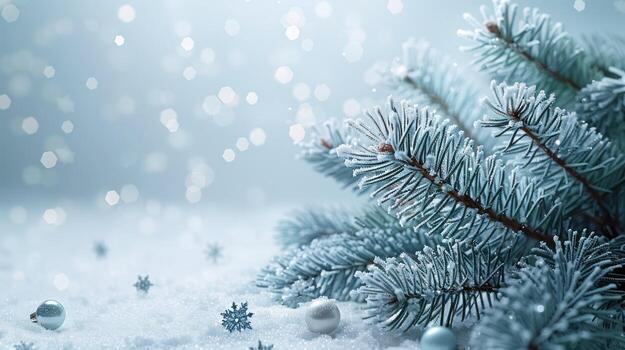 Frosted Christmas Tree Branches with Snowflakes and Ornaments Bokeh Background, silver photo